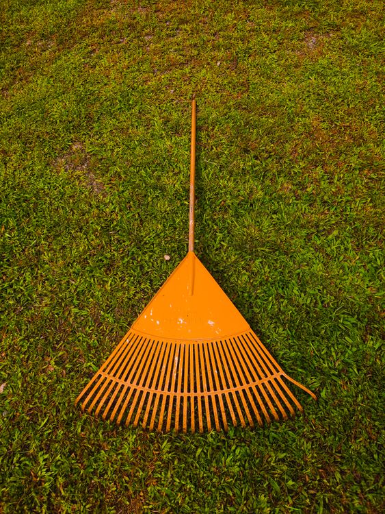 Sample close-up of a leaf rake on grass